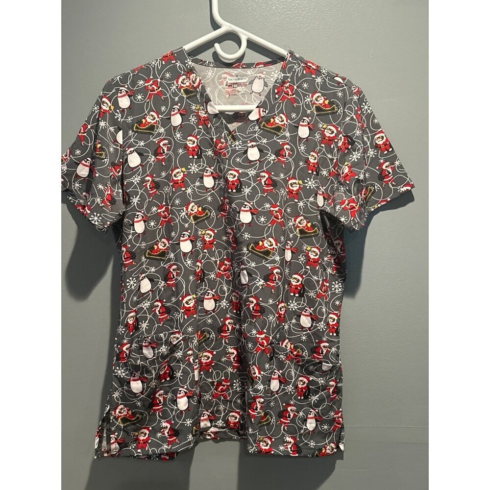 Scrubaid Women L Santa Snowman Print Stretch Top Slinky Poly Spandex Holiday